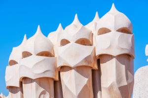 Chimney sculptures on the roof of Casa Mila (La Pedrera) by Antoni Gaudi, UNESCO World Heritage Site, Barcelona, Catalonia, Spain, Chimney sculptures on the roof of Casa Mila (La Pedrera) by Antoni Gaudi, UNESCO World Heritage Site, Barcelona, Catalonia, Spain,